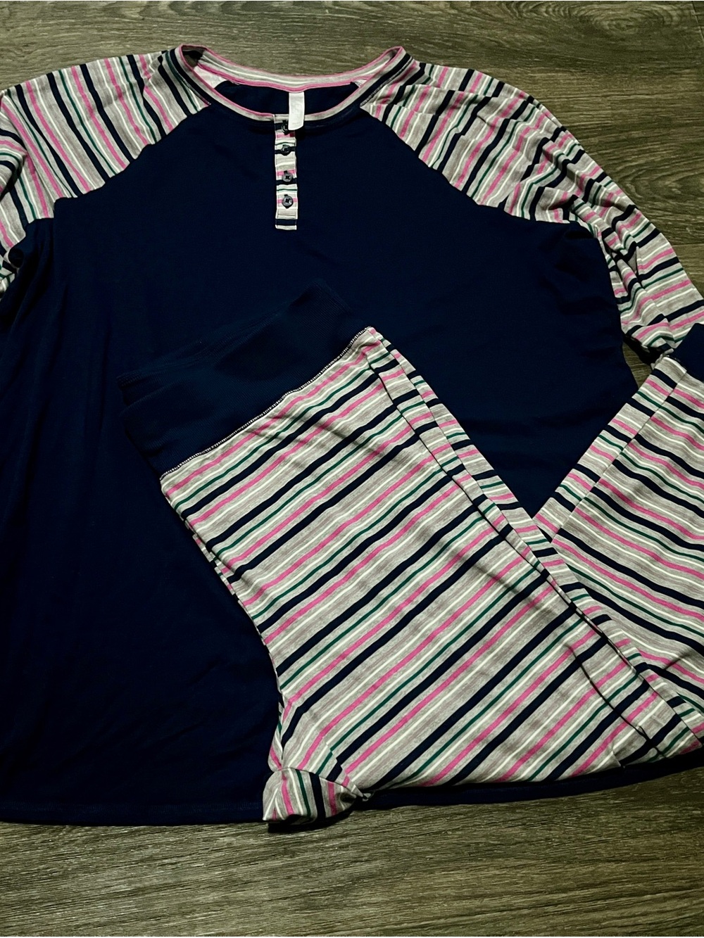 Cacique Navy Top with Pink, White and Black Striped Raglan Pajama Set